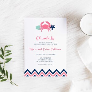 Preppy Crab invitation, Sea Life invitation, Crabby invitation, Chevron birthday invitation, Sea Creature invitation, Starfish invitation