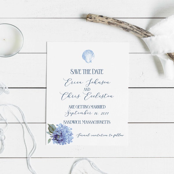 Hydrangea and Shell Save the Date, Nautical wedding, Coastal Save the Date, Beach Save the Date, Wedding Save the Date, Cape Cod, beach