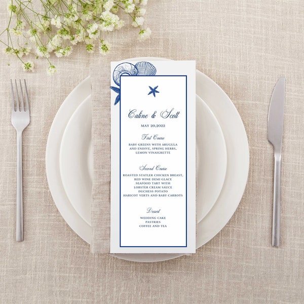 Shell Corner wedding menu, nautical wedding, shower or event table decor, Printed menu, reception dinner menu, destination beach wedding