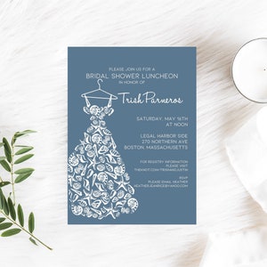 May include: A blue invitation for a bridal shower luncheon in honor of Trish Parneros. The invitation features a white silhouette of a wedding dress made of seashells. The event is scheduled for Saturday, May 16th at noon at Legal Harbor Side, 270 Northern Ave, Boston, Massachusetts. The invitation includes registry information and RSVP details.
