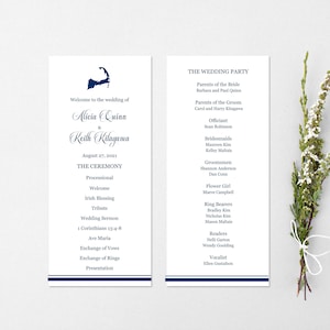 May include: Wedding ceremony program with a blue and white color scheme. The program includes the names of the bride and groom, Alicia Quinn and Keith Kilagawa, the date of the wedding, August 27, 2021, and a list of the wedding party members.