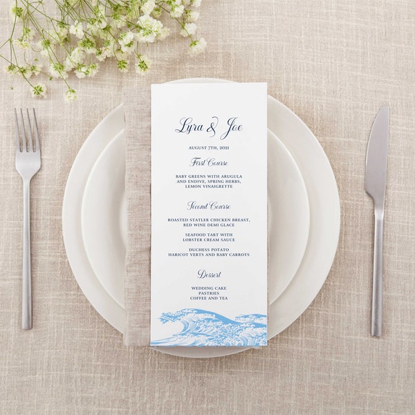 Waves wedding menu, ocean wave, classic wedding, shower event table decor, Printed menu, reception dinner menu, destination wedding, beach