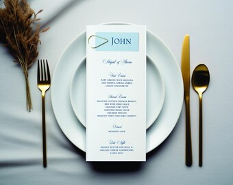 May include: A blue and white wedding menu card with the name "John" at the top. The menu lists the courses for the wedding reception, including the first course, second course, dessert, and late night snacks.