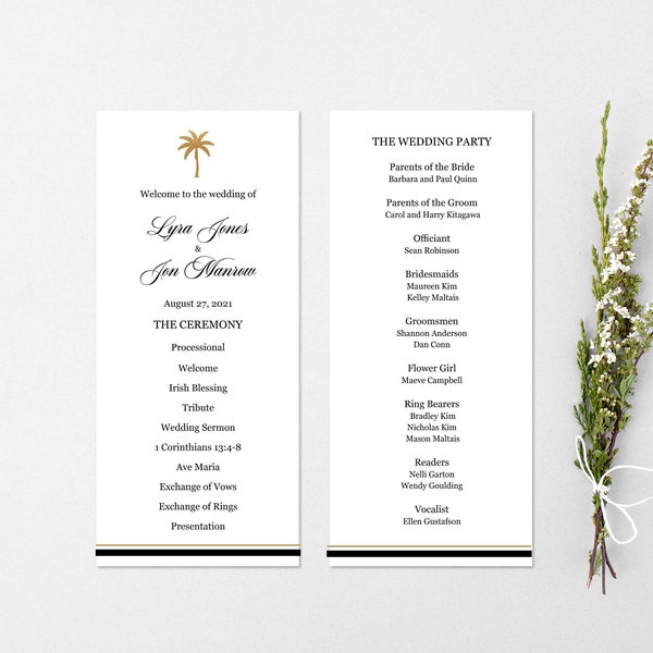 Palm tree printed wedding program, Elegant Wedding Ceremony Program, Customizable Nautical wedding, Tropical wedding, Mass program