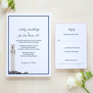 May include: Wedding invitation with a black and white photo of a lighthouse on a white background with navy blue trim. The invitation text reads "Ashley Stockbridge & Joe Da Monte IV request the pleasure of your company as they are united in marriage Saturday, the fourth of June two thousand sixteen at eleven o'clock in the morning Wequassett Resort on Pleasant Bay Chatham, Massachusetts Reception to Follow". The RSVP card reads "Reply Kindly reply May 18th Accepts with pleasure Declines with regret Dietary Restrictions".