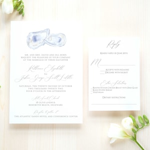 Pretty Watercolor Oyster Wedding Invitation,  mapl invitation,   cape cod invitation, personalized, beach wed, free samples