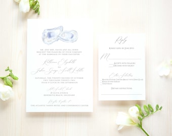 Watercolor Oyster Wedding Invitation: Beach Coastal Design