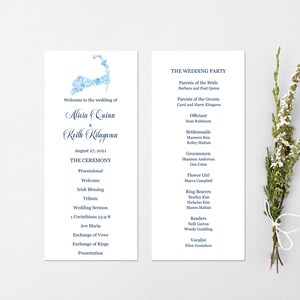 May include: Wedding ceremony program with a blue watercolor illustration of the state of Massachusetts. The program lists the names of the bride and groom, Alicia Quinn and Keith Kilagawa, the wedding date, August 27, 2021, and the order of events for the ceremony. The program also includes a list of the wedding party members, including the officiant, bridesmaids, groomsmen, flower girl, ring bearers, readers, and vocalist.