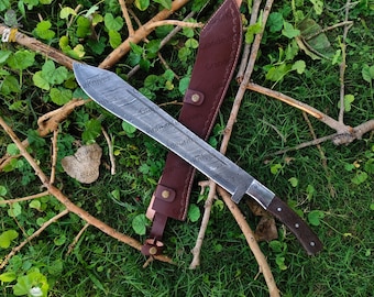 Handgemaakte machete van damaststaal | Jachtmes met doorlopende tang en leren schede