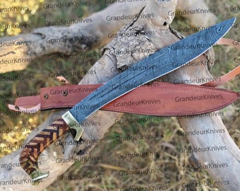 Handmade Damascus Steel Kukri Knife | Mosaic Wood Handle | Custom Leather Sheath,Gift Knife