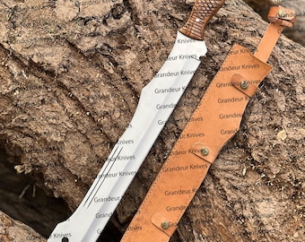 Hand Forged 5160 Carbon Steel Machete Knife with Wooden Handle & Leather Sheath | Handmade Bushcraft Survival Knife | Outdoor Camping Tool