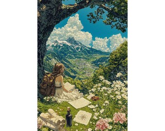 Mountain Landscape Wall Art Poster, Nature Reading Girl Print, Cottagecore Meadow Decor, Scenic Artwork