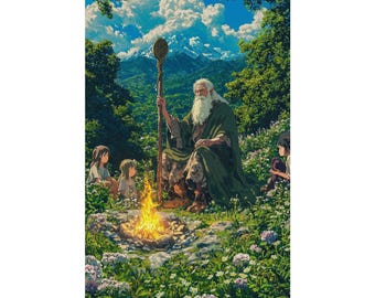 Wise Forest Sage Poster, Fantasy Campfire Wall Art, Enchanted Woodland Print, Magical Nature Decor