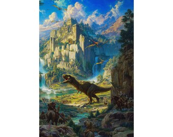 Fantasy Dinosaur Kingdom Poster, Medieval Castle Wall Art, Epic Prehistoric Landscape Print, T Rex Adventure Physical Poster