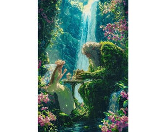 Enchanted Fairy Tea Party Poster, Fantasy Waterfall Wall Art, Whimsical Cottagecore Nature Decor