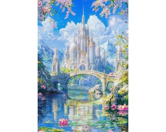 Fantasy Castle Poster, Enchanted Palace Wall Art, Lotus Lake Landscape Print, Magical Kingdom Decor, Physical Wall Poster
