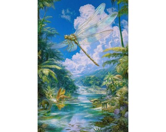Giant Dragonfly Prehistoric Poster, Ancient Jungle Landscape Wall Art, Paleo Nature Print, Dinosaur Era Physical Poster