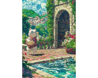 Whimsical Cat Village Poster, Cottagecore Wall Art, Charming Garden Print, Cozy Fantasy Decor