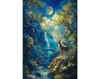 Fantasy Moonlit Forest Poster, Magical Deer Wall Art, Enchanted Waterfall Landscape Print, Woodland Nature Physical Poster