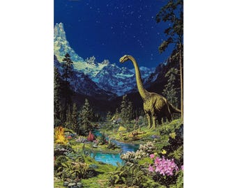 Prehistoric Mountain Valley Poster, Dinosaur Night Landscape Wall Art, Fantasy Nature Print, Starry Sky Physical Poster