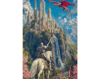 Fantasy Dragon Castle Poster, Medieval Knight Wall Art, Epic Kingdom Landscape Print Decor