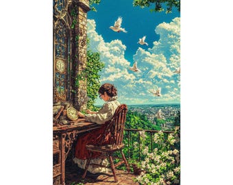 Vintage Clocktower Poster, Cottagecore Study Wall Art, Whimsical Sky View Print, Fantasy Decor