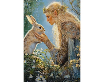 Fantasy Elf and Rabbit Poster, Enchanted Forest Wall Art, Magical Woodland Print, Fairy Nature Physical Poster