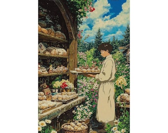 Cottagecore Bakery Poster, Rustic Bread Shop Wall Art, Whimsical Floral Village Market Print