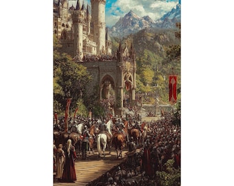 Fantasy Dragon Castle Poster, Medieval Knight Wall Art, Epic Kingdom Landscape Print Decor