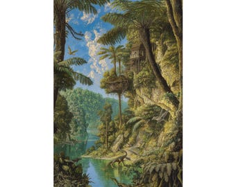 Prehistoric Jungle Treehouse Poster, Dinosaur Rainforest Wall Art, Fantasy Lost World Landscape Print, Physical Nature Poster