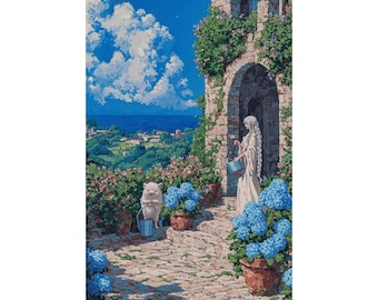 Coastal Cottage Garden Poster, Hydrangea Flower Wall Art, Fantasy Landscape Print, Romantic Decor