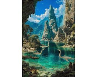 Prehistoric Sea Dinosaur Poster, Ancient Ocean Wall Art, Fantasy Dinosaur Landscape Print, Jurassic Adventure Physical Poster