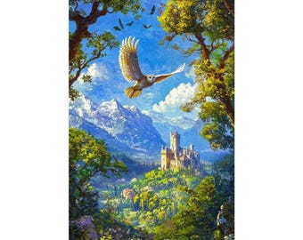 Enchanted Owl Castle Poster, Fantasy Landscape Wall Art, Magical Forest Print, Mountain Nature Decor, Whimsical Physical Poster