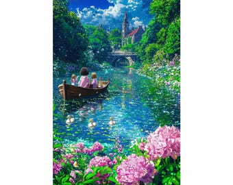 Enchanted River Journey Poster, Whimsical Cottagecore Wall Art, Fantasy Landscape Print Decor
