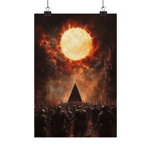 May include: A digitally created poster print depicting a dark fantasy scene. A large, fiery sun dominates the sky above a black pyramid and a marching army. The color palette is dominated by shades of orange, red, and black.