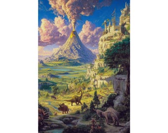 Prehistoric Volcano Valley Poster, Dinosaur Fantasy Landscape Wall Art, Ancient Jurassic Nature Print, Physical Dinosaur Poster