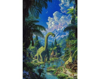 Dinosaur Landscape Poster, Prehistoric Jungle Wall Art, Brontosaurus Nature Print, Fantasy Dinosaur Physical Poster