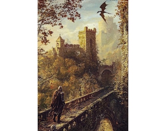 Medieval Fantasy Castle Poster, Knight Wall Art, Dragon Landscape Print, Gothic Kingdom Decor