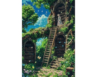 Enchanted Tree Library Poster, Fantasy Book Nook Wall Art, Magical Reading Room Print Decor