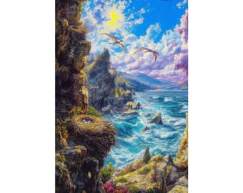 Prehistoric Coastal Volcano Poster, Ocean Dinosaur Landscape Wall Art, Fantasy Seaside Nature Print, Physical Adventure Poster