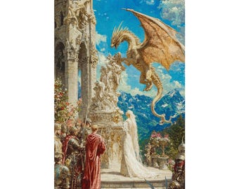 Dragon Blessing Ceremony Fantasy Poster | Medieval Castle Wall Art | Epic Dragon Kingdom Print | Fantasy Decor