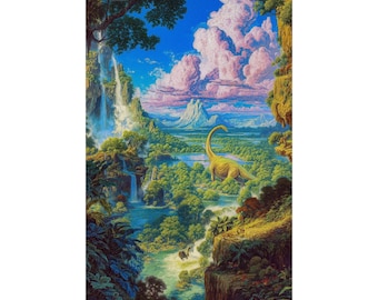Prehistoric Dinosaur Valley Poster, Ancient Waterfall Landscape Wall Art, Fantasy Jurassic Nature Print, Physical Dinosaur Poster