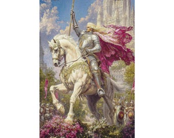 Fantasy Knight on White Horse Poster, Medieval Castle Wall Art, Epic Warrior Print, Royal Fantasy Decor