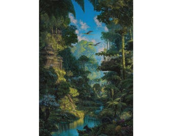 Fantasy Jungle Treehouse Poster, Prehistoric Rainforest Wall Art, Ancient Forest Landscape Print, Tropical Adventure Physical Poster