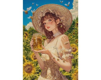 Sunflower Honey Girl Poster, Cottagecore Wall Art, Bee Garden Print, Whimsical Floral Decor