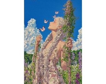 Whimsical Butterfly Girl Poster, Cottagecore Wall Art, Fantasy Nature Print, Floral Meadow Decor
