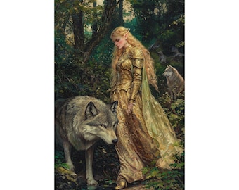 Fantasy Elf Princess with Wolf Poster, Enchanted Forest Wall Art, Magical Woodland Print, Mythical Nature Physical Poster