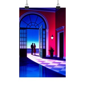 Retro Romance Poster, Neon Noir Wall Art, Synthwave Couple Print, Art Deco Interior Decor, Cinematic Sunset Artwork
