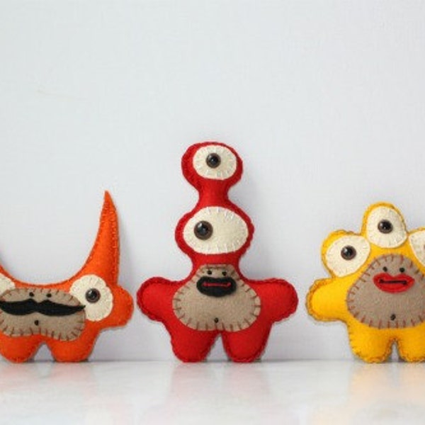 Trio of Mini Monsters You Pick Style and Color Red Blue Green Yellow Orange
