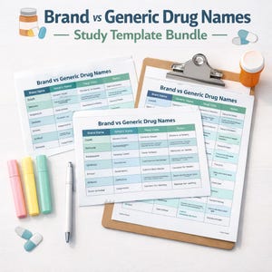 May include: A study template bundle titled "Brand vs Generic Drug Names." The image features several printed pages with tables comparing brand and generic drug names, along with a clipboard, highlighters, a pen, and pill capsules.